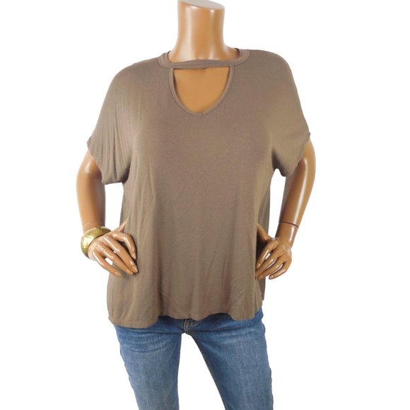 bobeau Tops - BOBEAU Top L Casual Shirt Relaxed Fit Cut Out Neck Stretch Taupe Swing Blouse